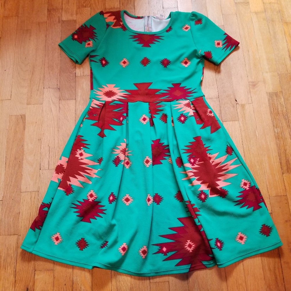 Lularoe Aqua Amelia Midi Fit Flare Short Sleeve Dress Turquoise Aztec Southwest